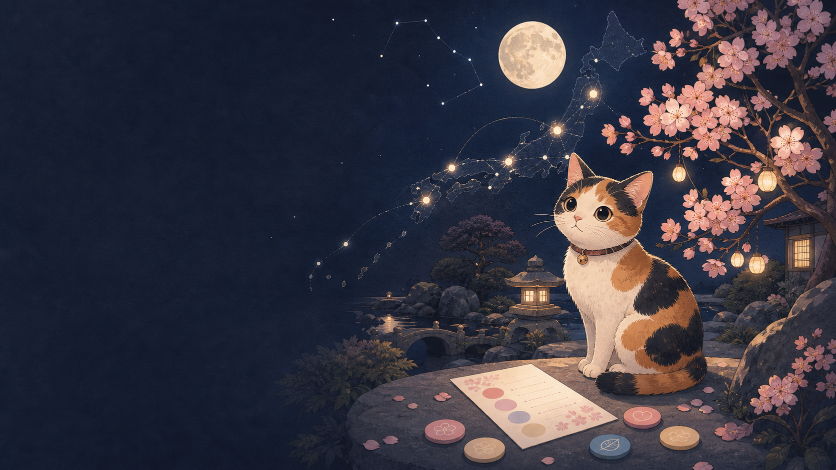 月光下樱花树旁的猫咪与日本区域路线意象